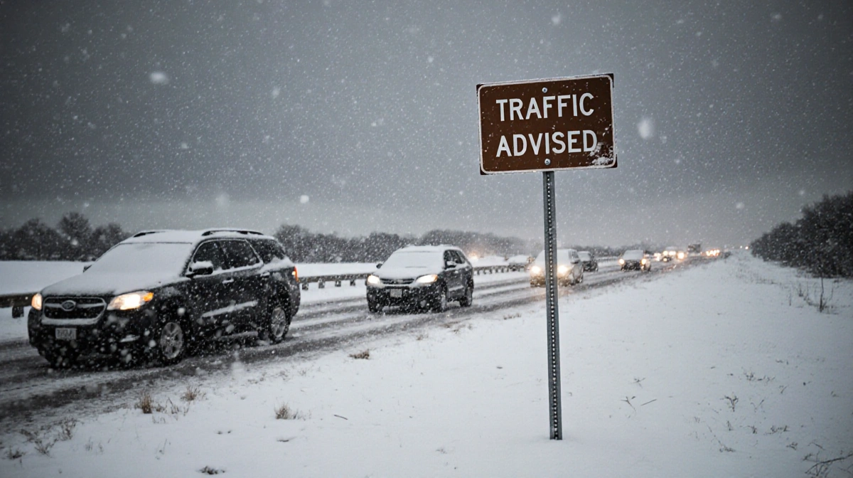 Stranded vehicles sit along snow-covered Texas highway with traffic sliding past and warning sign buried in snow