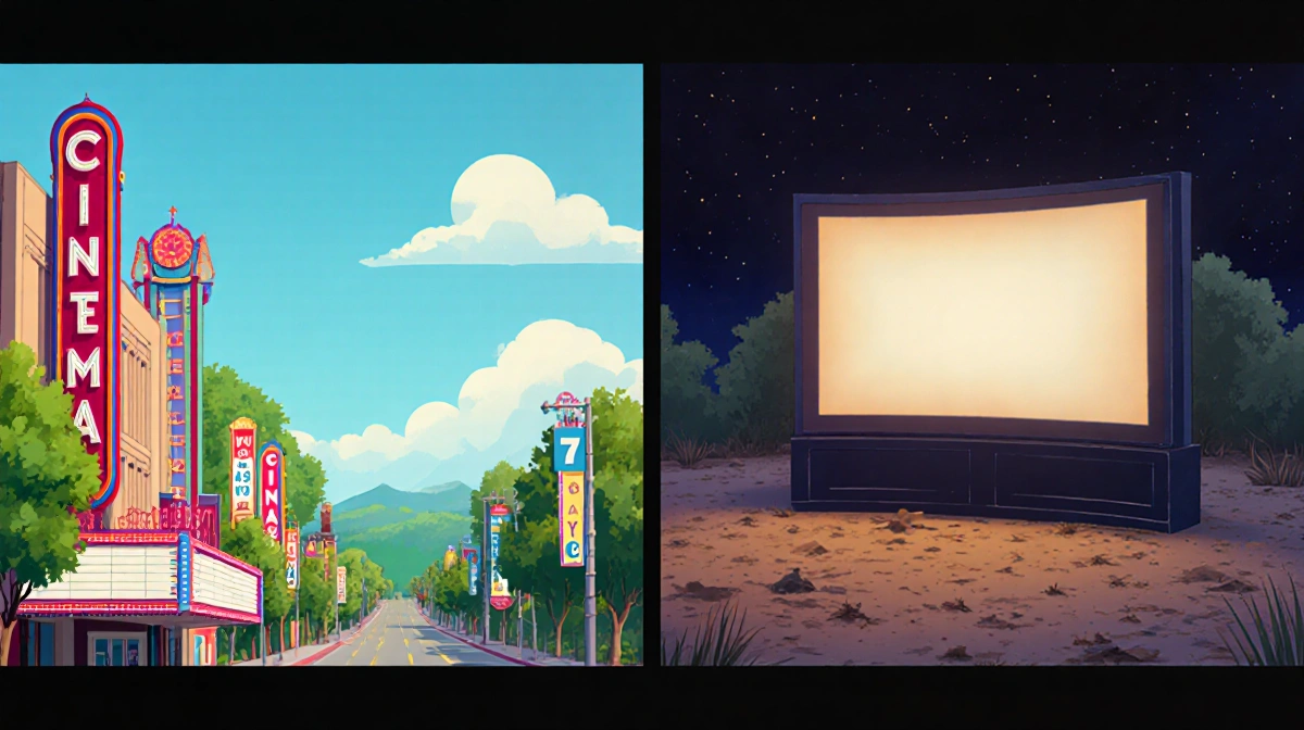 Split-screen shows a lively theater window with green scenery and cinema signs next to a barren window with a flickering scre