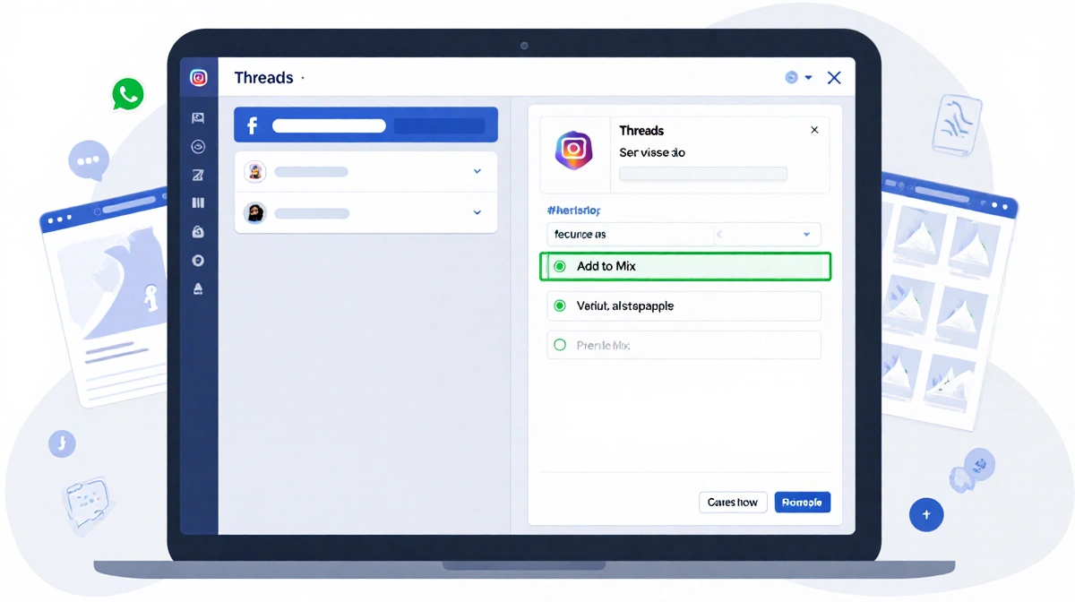 Computer screen shows Threads integration with Facebook ads and green Add to Mix toggle switch
