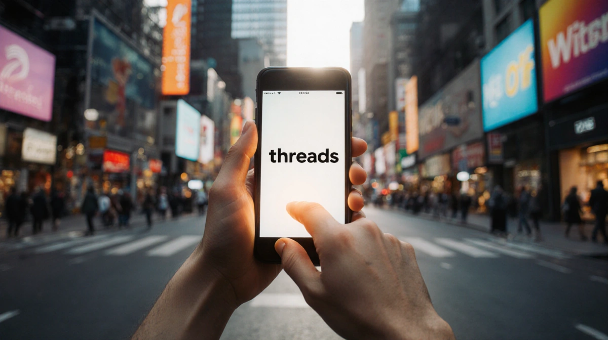 Person scrolling social media on phone with Threads logo and city street with shops in background