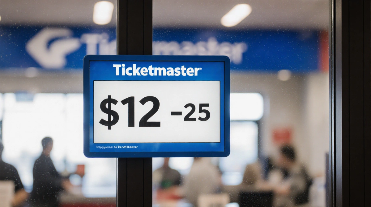 Ticket booth shows $12-$25 ticket prices with Ticketmaster branding and blurred background