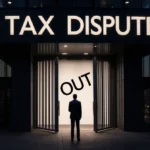 Tiger Global representative standing under OUT gate with Tax Dispute sign above office building and city skyline behind