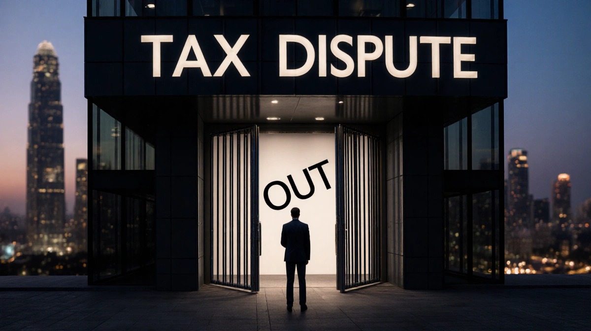 Tiger Global representative standing under OUT gate with Tax Dispute sign above office building and city skyline behind