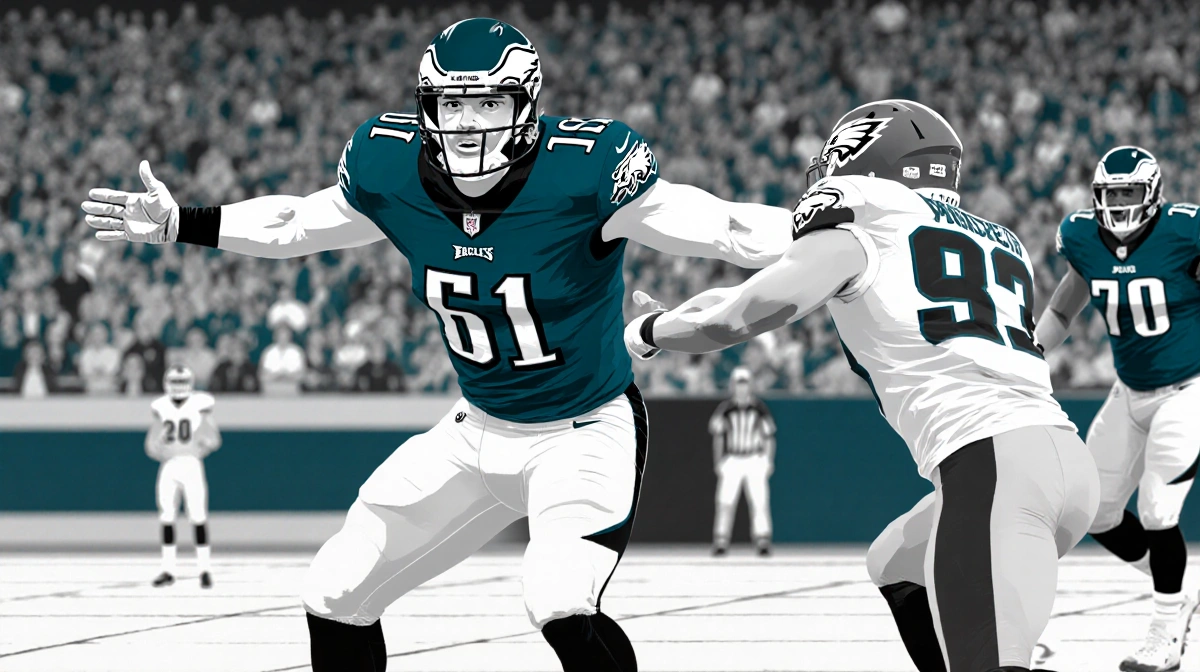 Tight end blocking opponent with blurred stadium crowd in dark blue and grey background and subtle grid patterns of Eagles