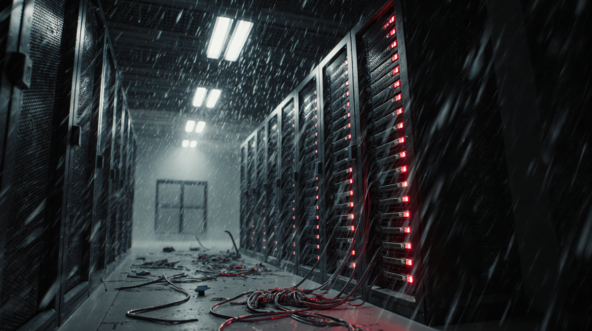 Server rack flickering with red lights as cables spill depicting TikTok data center chaos during a power outage and storm.