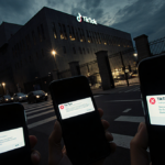 Smartphones with black TikTok screens lining street with a data center building in the background and dark clouds overhead.