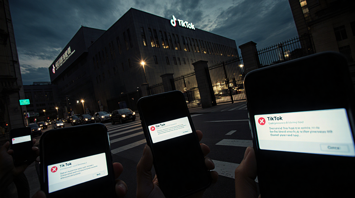 Smartphones with black TikTok screens lining street with a data center building in the background and dark clouds overhead.