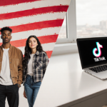 Diverse group standing with stylized American flag backdrop and laptop open to TikTok on desk.