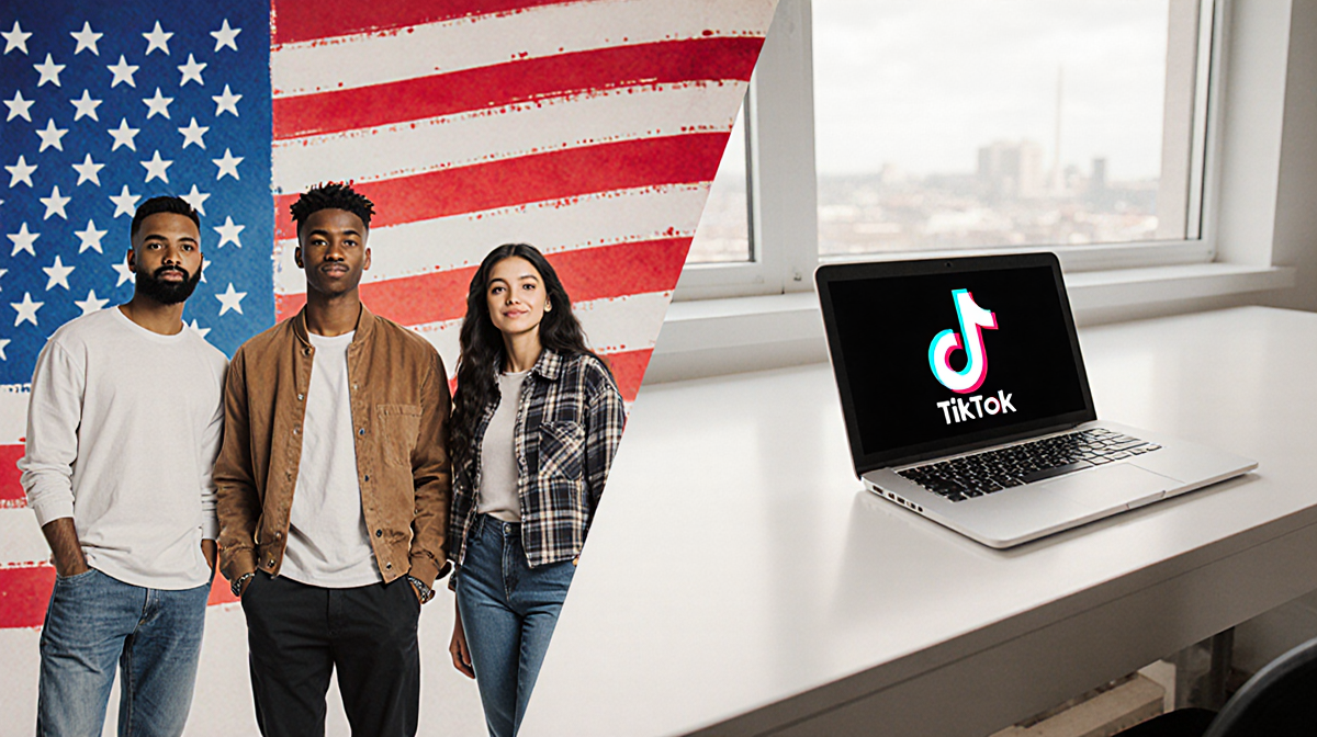 Diverse group standing with stylized American flag backdrop and laptop open to TikTok on desk.