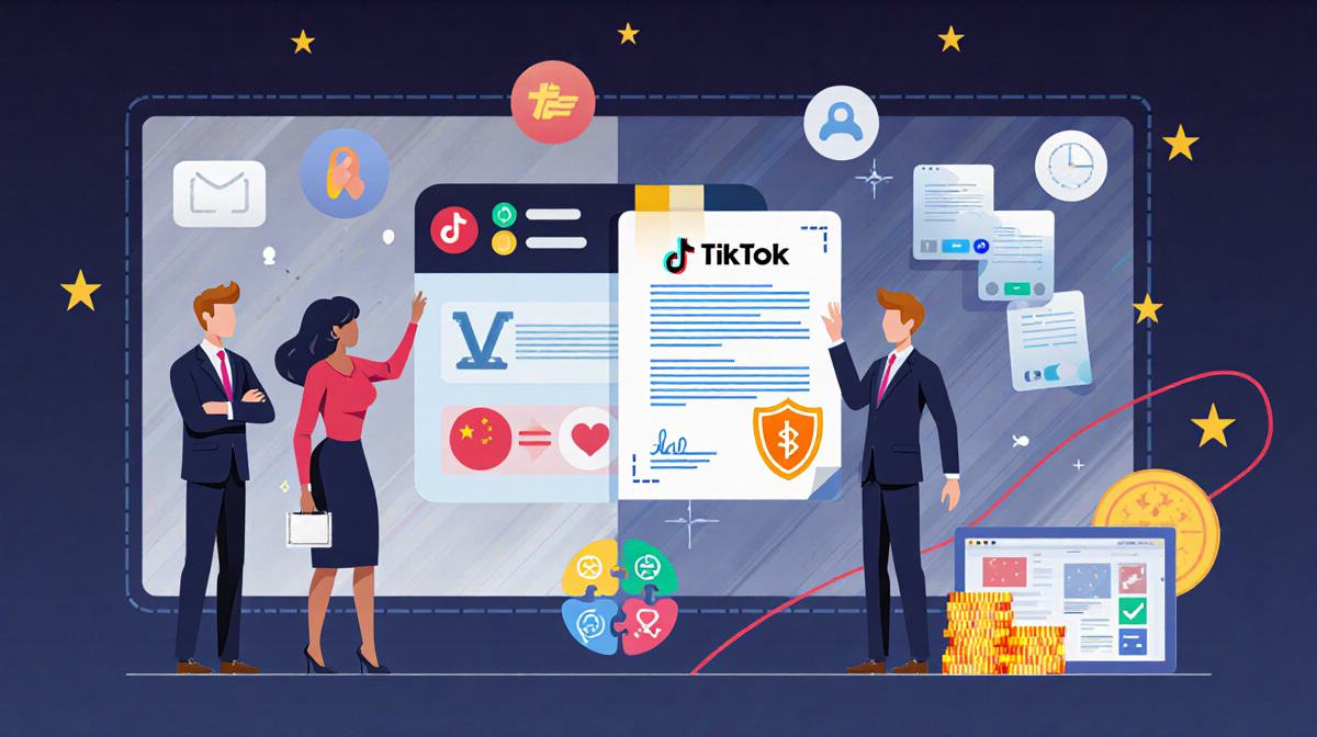 Joint venture logo displays with ByteDance and investor silhouettes in split-screen beside licensing data protection icons.