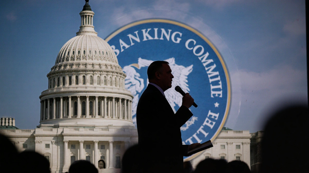 Senator Thom Tillis speaking at microphone with Capitol building and Banking Committee logo visible behind him