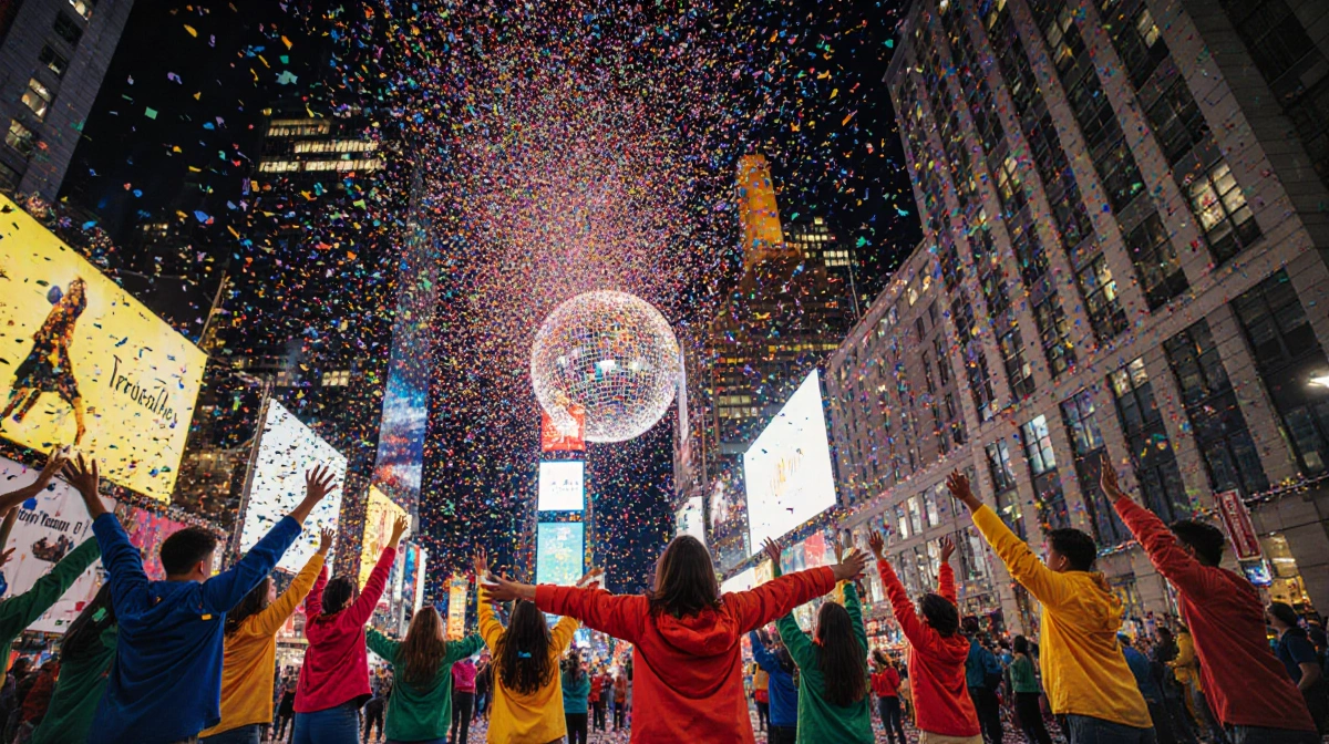 Volunteers raise arms with confetti bursting above and Times Square ball glowing in distance
