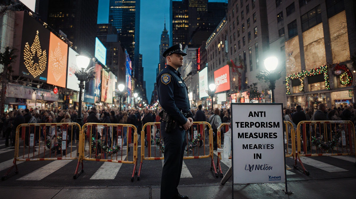 Police officer guarding street with barricades and cameras near Times Square during anti-terrorism measures