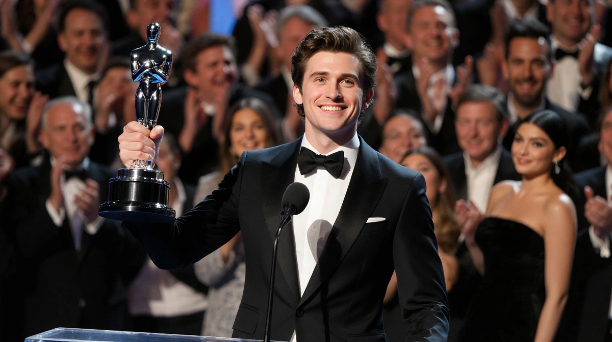 Timothée Chalamet holds Critics Choice Awards trophy with velvet pedestal and warm glow while Kylie Jenner watches from wings