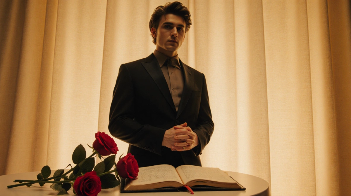 Timothée Chalamet standing with a rose bouquet and leather-bound book on a table against a warm golden-lit backdrop