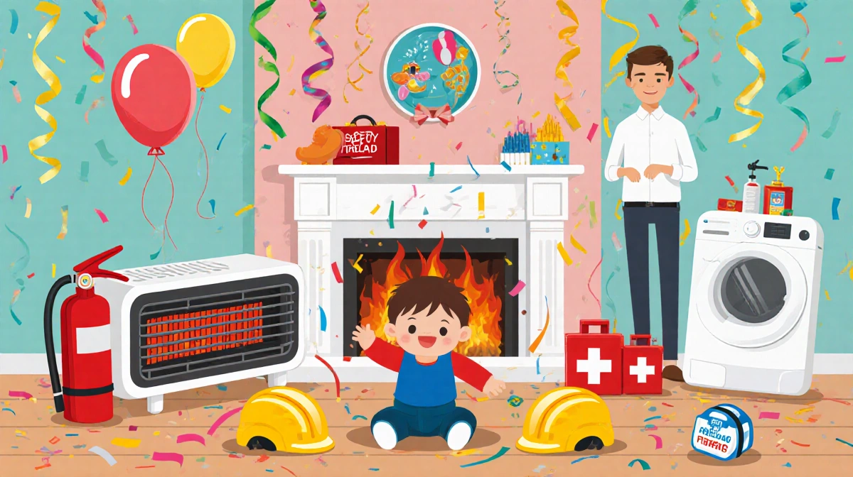 Toddler Elio sits beside a child-friendly fireplace with helmets and balloons while parents watch from a distance