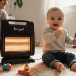 Elio toddler sits beside a space heater with toys scattered around and a parent watching in the background