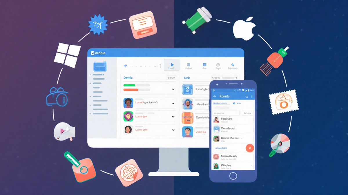 Users completing tasks on desktop and mobile devices with progress bars and checkmarks showing Todoist Ramble productivity