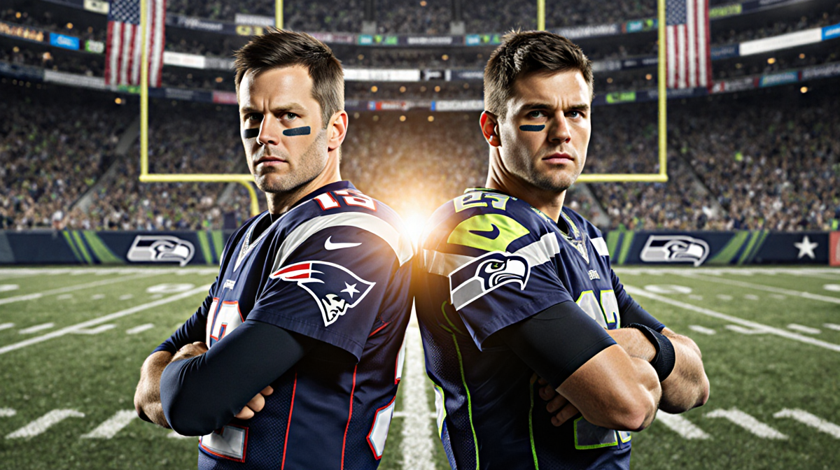 Tom Brady and Russell Wilson stand back‑to‑back with arms crossed in a golden‑hour glow and Patriots and Seahawks logos.
