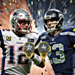 Tom Brady and Russell Wilson face each other in a split-screen with their Super Bowl rings amid swirling confetti and footbal