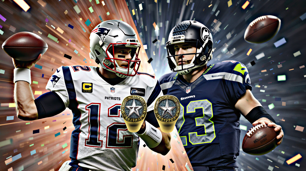 Tom Brady and Russell Wilson face each other in a split-screen with their Super Bowl rings amid swirling confetti and footbal
