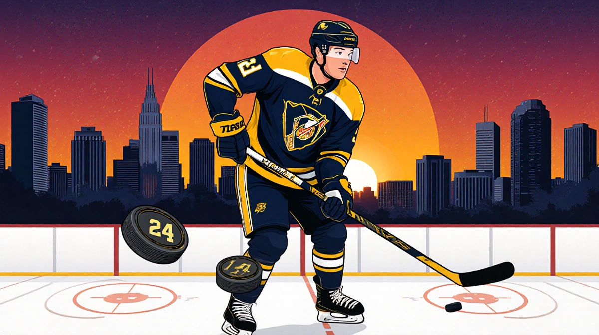 Tomasino holds a hockey stick with new team logo while standing before Pittsburgh skyline at sunset with pucks numbered 24