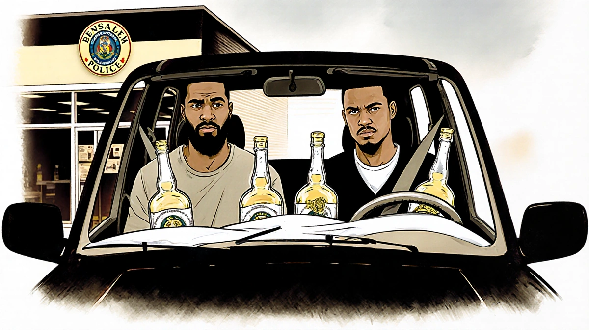 Two men sit in a Toyota with tequila bottles under girdles near a liquor store displaying a Bensalem police logo of robbery