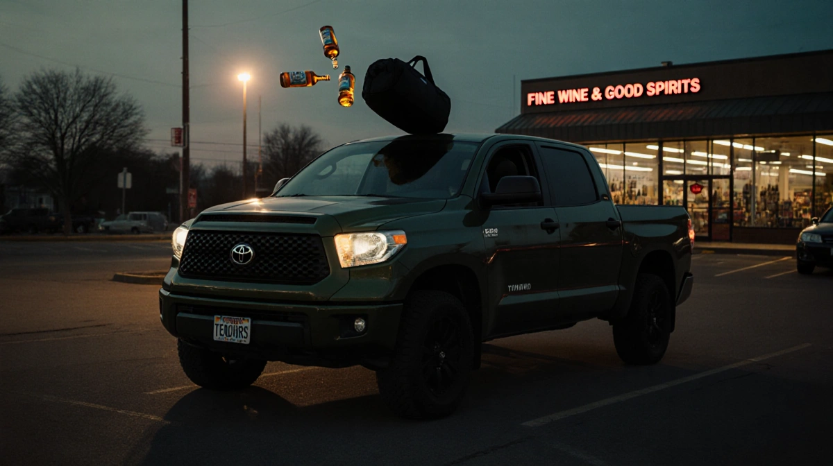 Toyota Tundra pulling away from a liquor store with a shadowy driver tossing tequila into a duffel bag under a streetlight