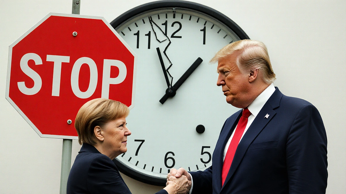 Stop sign floating between broken countdown clock with fading handshake of von der Leyen and Trump showing failed trade negot