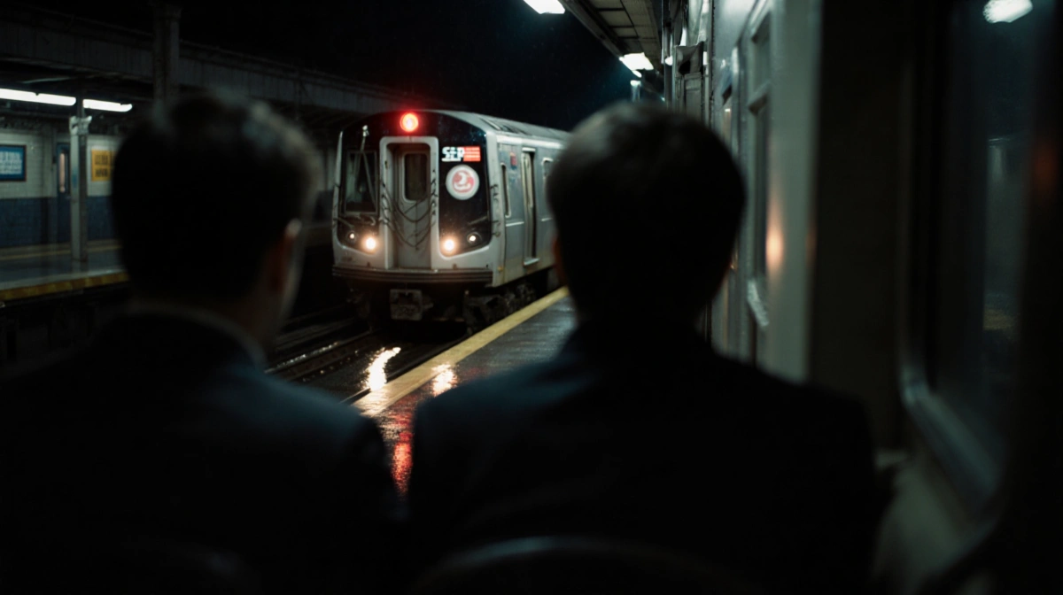 Passengers sitting side by side in a dimly lit train carriage with emergency lights glowing and a blurred northbound train fa