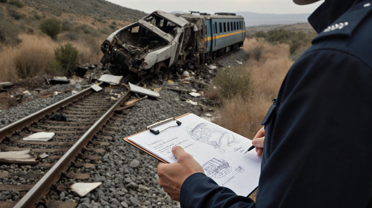 Forensic expert examines investigation notebook with train wreckage and tracks visible behind