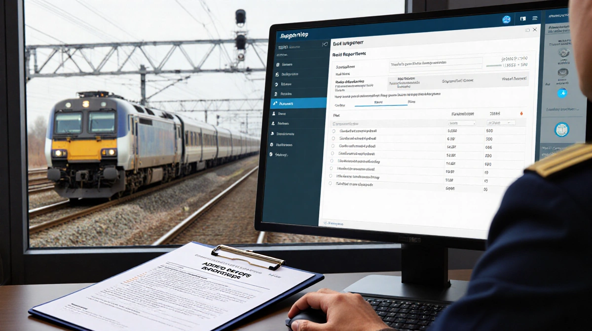 Railway engineer monitors automated inspection system with train yard visible through window and tablet showing reporting ste