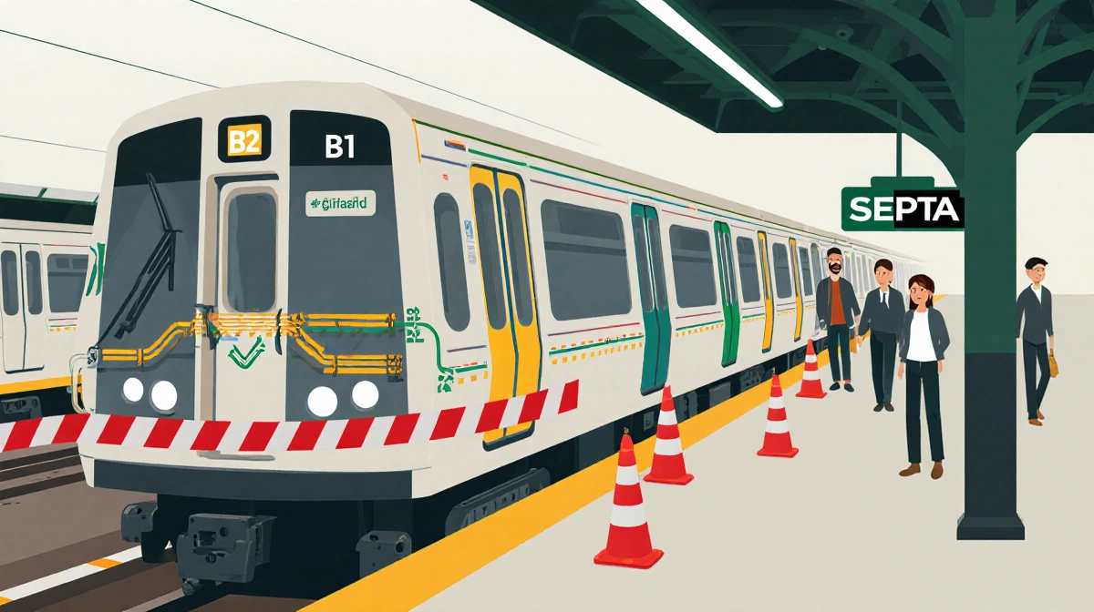 Train passes Girard Station with red tape and cones blocking entrance while passengers watch and SEPTA logo nearby