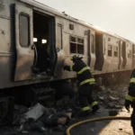 Firefighter rescuing person from train wreckage with emergency responders nearby