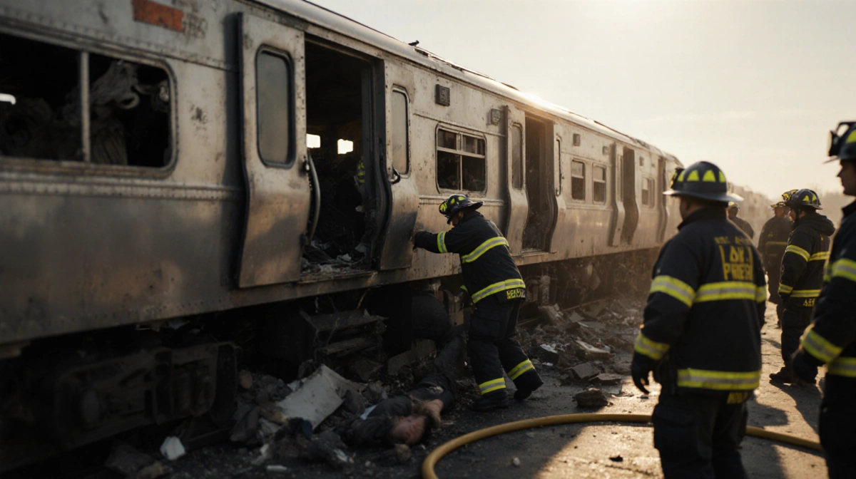 Firefighter rescuing person from train wreckage with emergency responders nearby