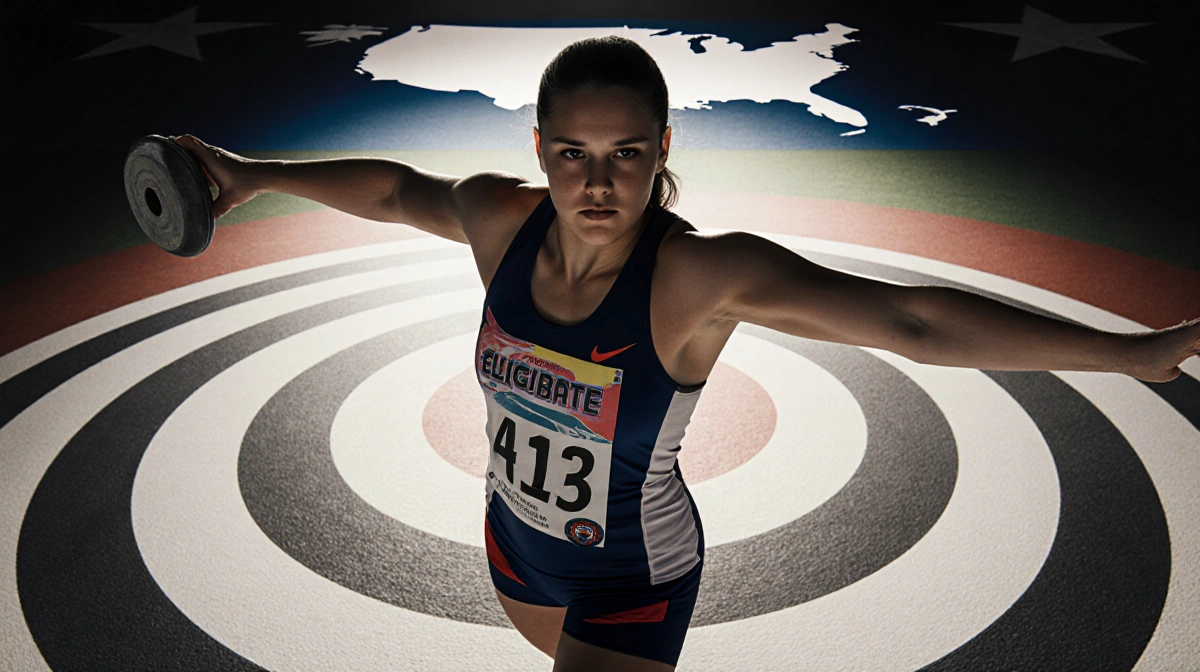 Young trans athlete preparing to throw discus with state flag in background showing determination