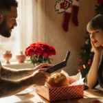 Travis Kelce handing wrapped gift to Taylor Swift with golden kitchen light and roses on a festive table