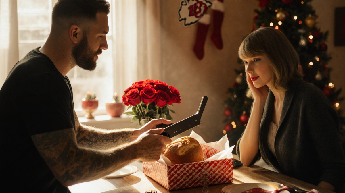 Travis Kelce handing wrapped gift to Taylor Swift with golden kitchen light and roses on a festive table