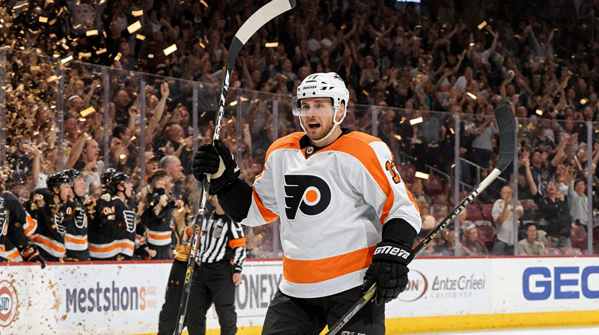 Travis Konecny celebrates his game-winning goal with stick raised high and stunned Vegas players behind him