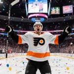 Travis Konecny celebrates game-winning goal with arms raised and stick aloft as fans cheer wildly at Wells Fargo Center