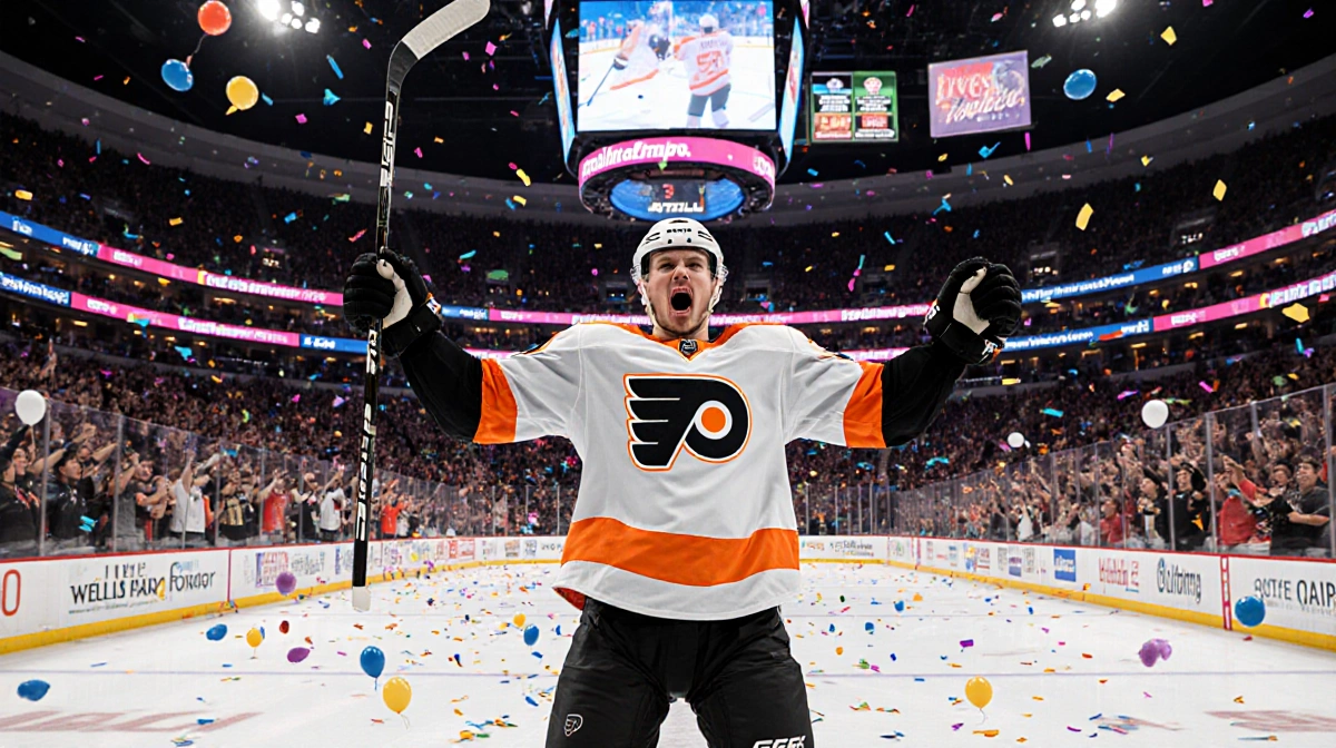 Travis Konecny celebrates game-winning goal with arms raised and stick aloft as fans cheer wildly at Wells Fargo Center