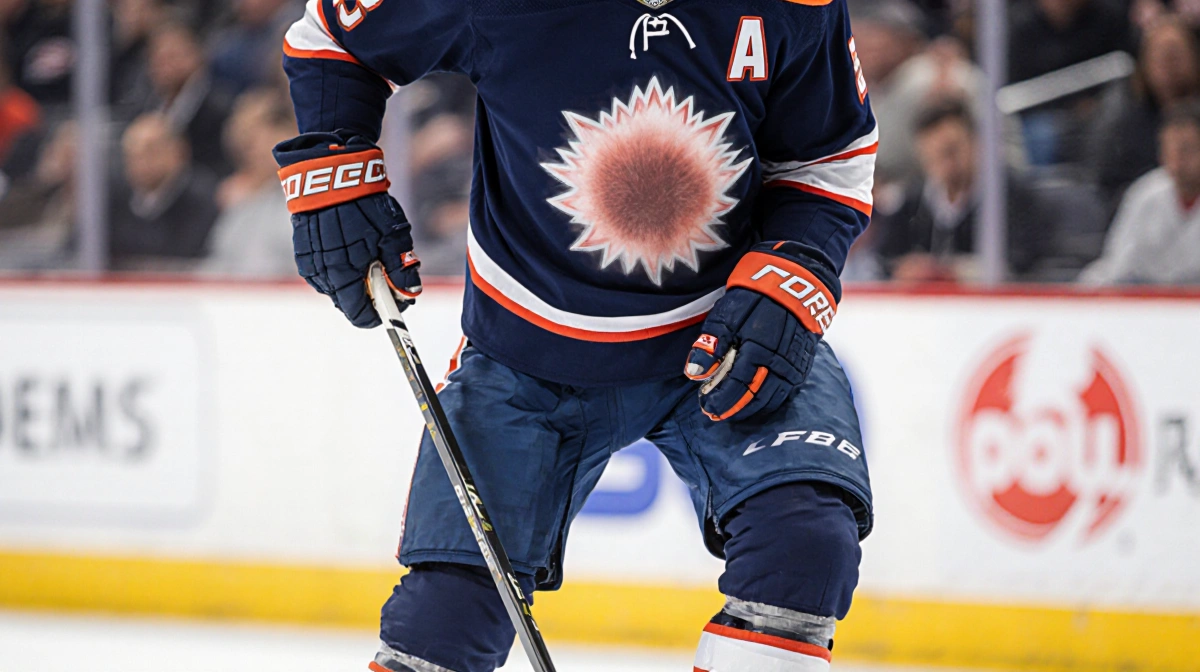 Travis Konecny stepping onto ice with bruised upper body and hockey stick showing determination to play