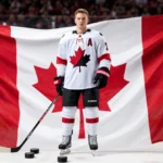 Travis Sanheim holds a hockey stick with white Team Canada jersey and maple leaf against a blurred Canadian flag background
