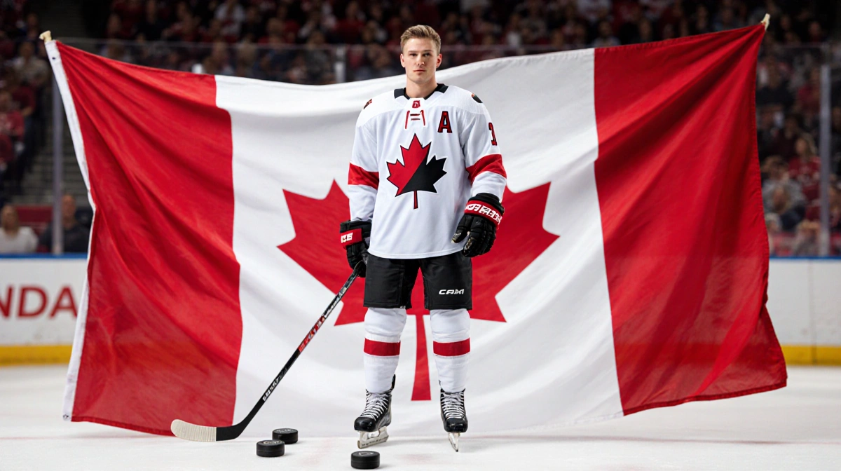 Travis Sanheim holds a hockey stick with white Team Canada jersey and maple leaf against a blurred Canadian flag background