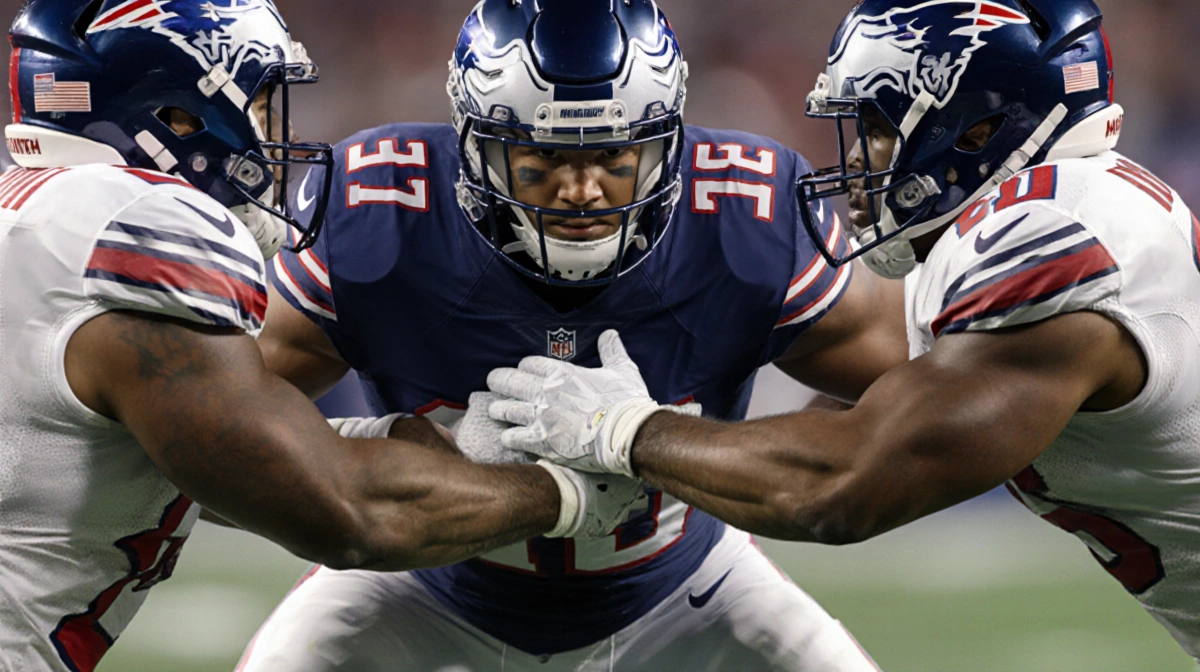 Trent Williams blocking Nolan Smith with hands gripping jersey and blurred motion showing NFL defensive play