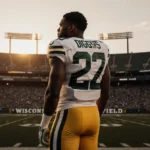 Trevon Diggs stands in Packers uniform with back to Lambeau Field and golden sunset casting long shadows across stadium