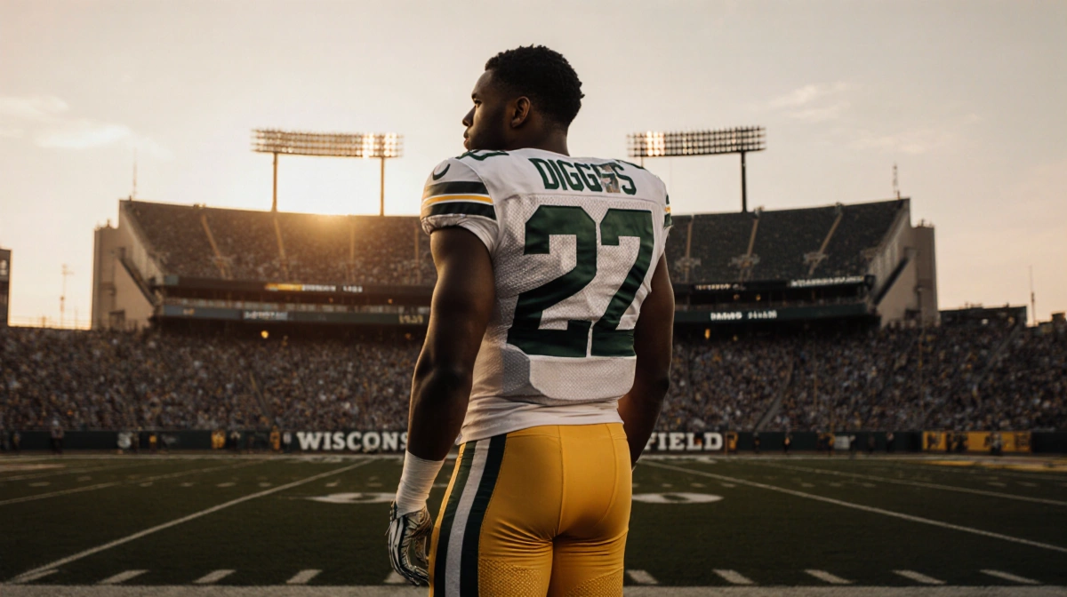 Trevon Diggs stands in Packers uniform with back to Lambeau Field and golden sunset casting long shadows across stadium