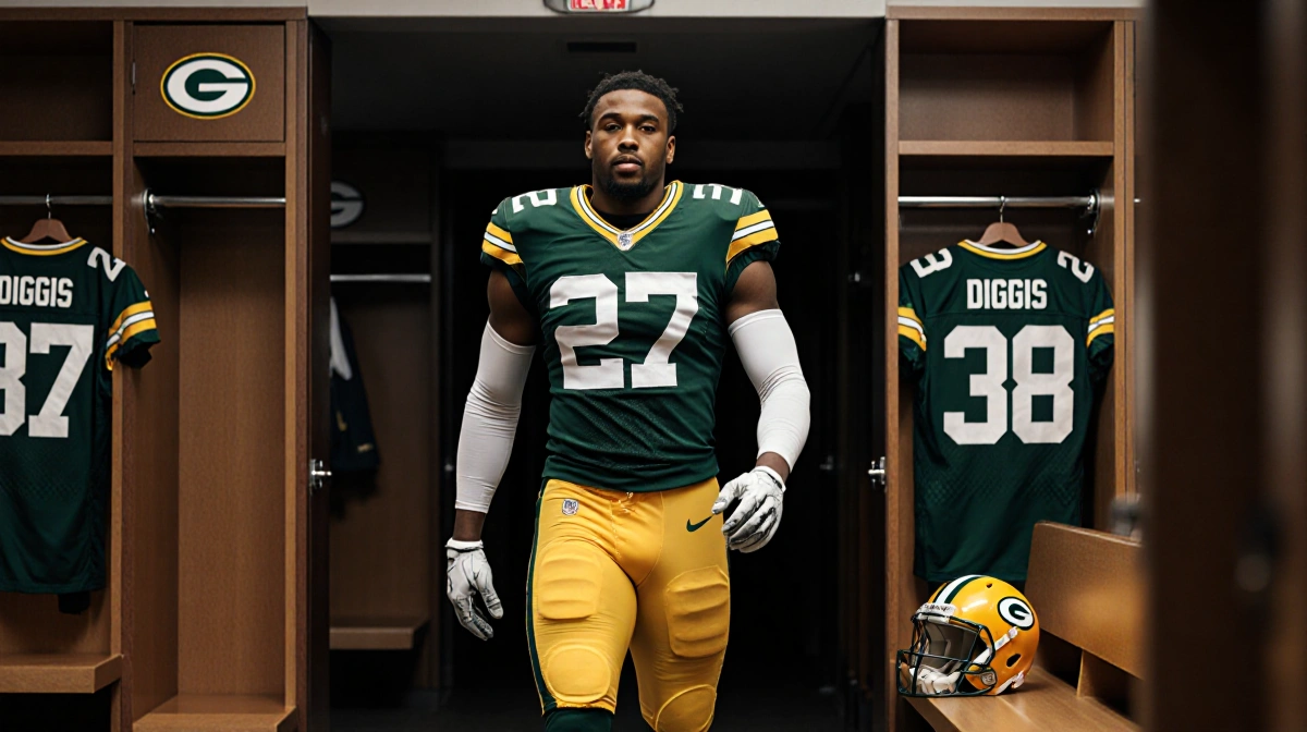 Trevon Diggs football player walking into locker room with green yellow jersey and helmet near bench and Packers logos behind