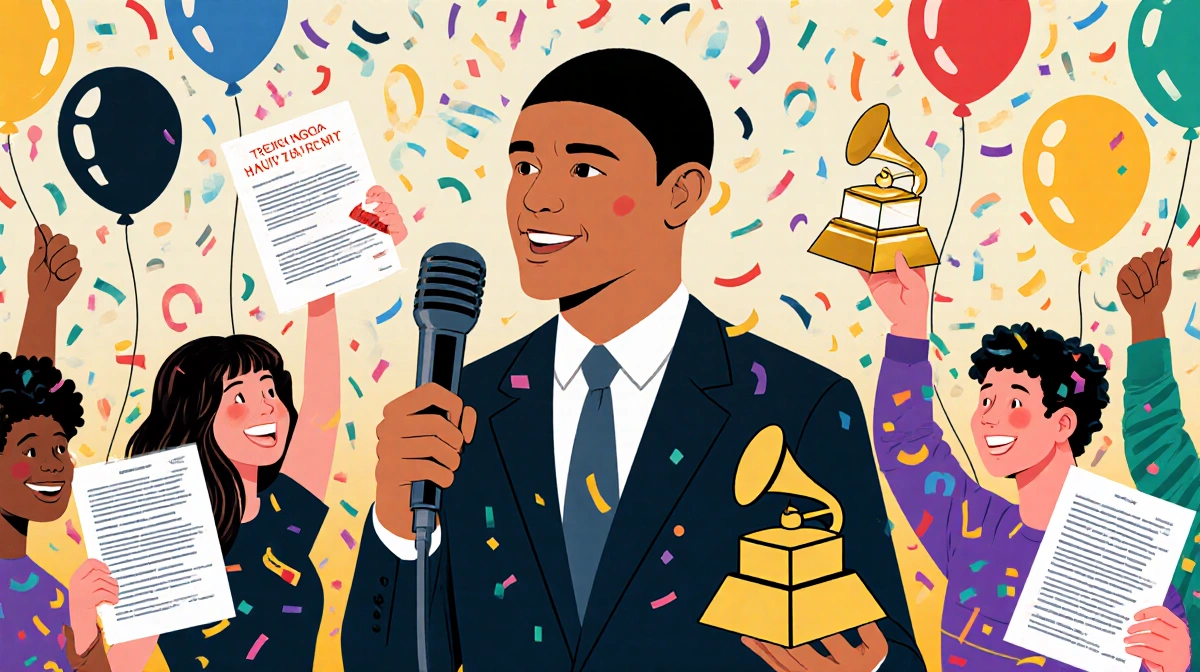 Young Trevor Noah hosting with oversized microphone and confetti while fans hold Grammy albums and balloons