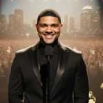 Trevor Noah performing at microphone with Grammy statues behind him and warm golden lighting showing his smile